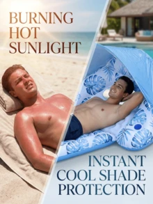 Inflatable Floating Lounger With Canopy, Leaf Print Floating Chair With Cup Holder, Foldable Thick PVC Pool Float, Durable And Waterproof, Ergonomic Design For Comfortable Lounging, Suitable For Pool, Beach And Vacation - Floating Rafts - View 3