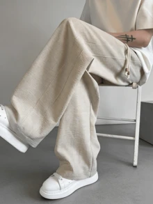 男士杏色亚麻质感抽绳直筒裤，柔软透气面料，适合休闲、度假、夏季及日常通勤，复古绅士风格 - 杏色 - 查看 9