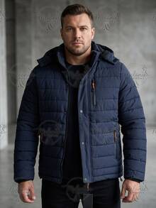 Men's Lined Thermal Jacket/Bobby Jacket, Nylon, With Removable Hood - 藏蓝色 - 查看 3
