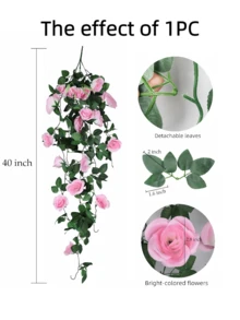 Nejlue Artificial Flowers/Plants1111 Home & Living 1/2株粉色人造玫瑰藤蔓植物花卉，春季玫瑰装饰，仿真悬挂花卉，适用于家居装饰、房间装饰、墙面装饰、婚礼拱门花卉装饰、卧室装饰、桌面装饰、生日派对装饰、花园装饰、室内外装饰、春夏装饰 - 粉色 - 查看 10