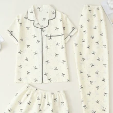 Three Piece Cute Pajama Set For Women, Printed Short Sleeved Shorts And Pants Set, Comfortable To Hit, Home Casual Set - Yellow - View 10