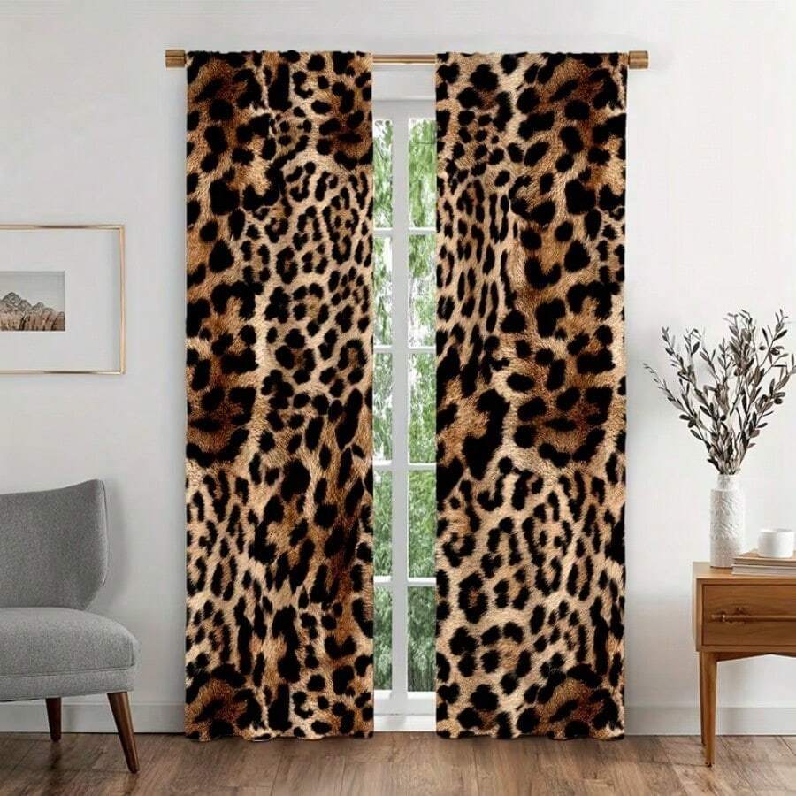 2pcs Leopard Print Curtains, Featuring A Wild Animal Print Pattern, 2D Flat Printing, And Light Filtering; Suitable For Living Rooms And Bedrooms. - Multicolor - View 1