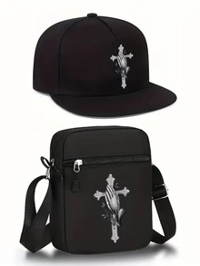 1 pièce/2 pièces Ensemble de casquette de baseball et sac bandoulière avec imprimé geste de la main hip-hop et croix. Style de rue mode sport extérieur. Casquette à bord plat réglable et sac à épaule. Cadeau pour amis et anniversaire - Multicolore - Voir 1