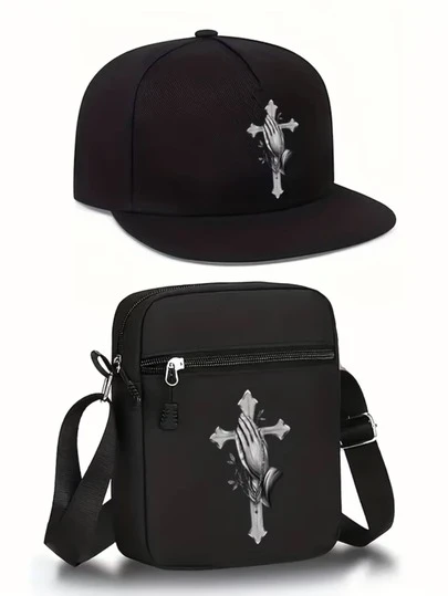 Bộ 1/2 mũ lưỡi trai và túi đeo chéo in hình cử chỉ tay và chữ thập phong cách Hip Hop, mũ lưỡi trai thể thao ngoài trời có thể điều chỉnh vành phẳng và túi đeo vai, quà tặng cho bạn bè và kỷ niệm.