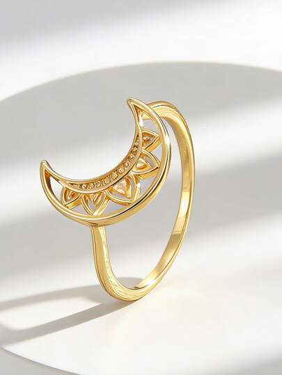Charm-In Filigrane Mond 18K Goldplattierter Ring | Zarter Boho Celestial Modeschmuckring für Frauen | Perfekt zum Stapeln & für den täglichen Gebrauch