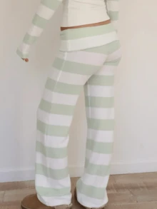 Women Y2k Striped Fold Over Pants Low Rise Yoga Pants Lounge Bottoms Color Block Wide Leg Flare Sweatpants - 薄荷綠 - 查看 3