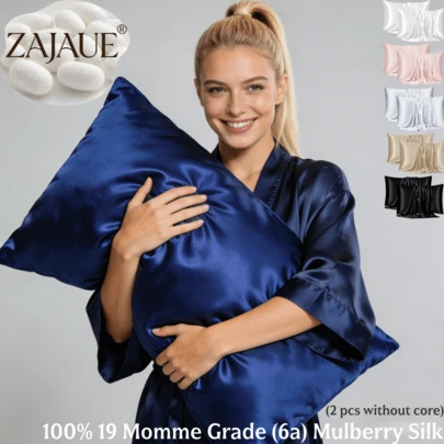 ZAJAUE 100% 真丝枕套 2 件装，呵护秀发和肌肤，双面 19 姆米 6A+ 级桑蚕丝枕套，隐形拉链，柔软顺滑，凉爽舒适，是馈赠亲友的理想之选（不含枕芯）