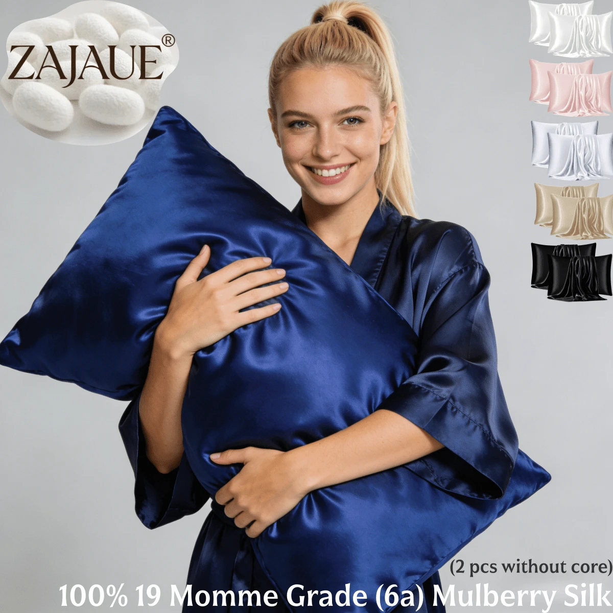 ZAJAUE 2er Pack 100% Seiden-Kissenbezüge für Haar und Haut, beidseitig 19 Momme Grad 6A+ Maulbeerseide Kissenbezüge mit verdecktem Reißverschluss, weich & glatt, kühlend, perfektes Geschenk für Familie oder Freunde (ohne Kern) - marineblau - Übersicht 1
