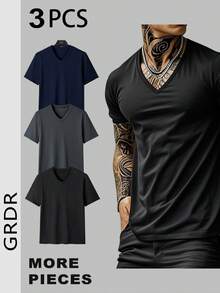 GRDR Bộ 3 áo thun nam cổ chữ V tay ngắn màu trơn phong cách thường ngày đường phố. - Nhiều màu - Xem 3
