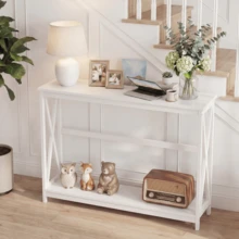 OLIXIS 40" Modern 2-Tier Console Table With Metal X-Frame, Wood Entryway Table (200 Lbs Capacity) - White - View 1