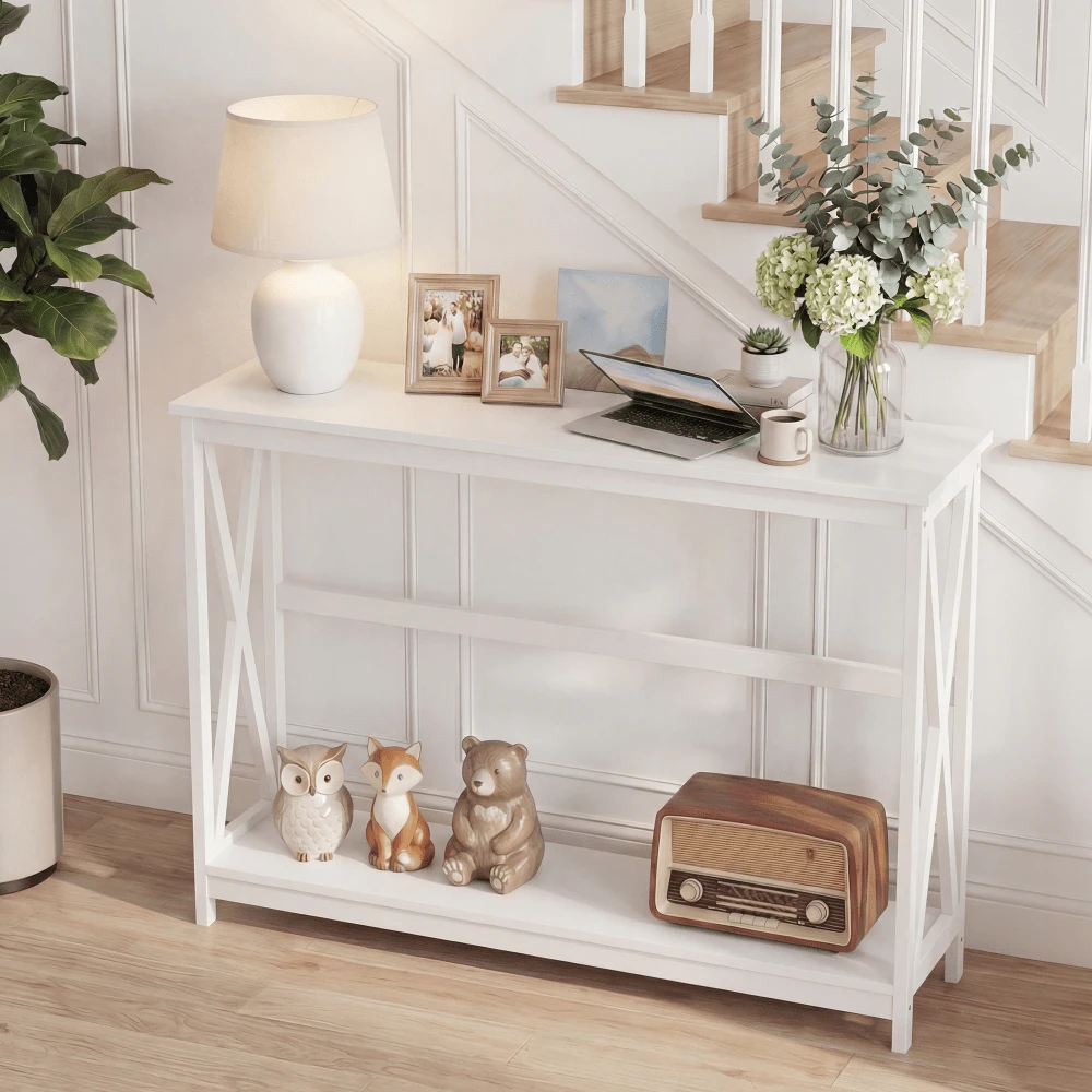OLIXIS 40" Modern 2-Tier Console Table With Metal X-Frame, Wood Entryway Table (200 Lbs Capacity) - White - View 1