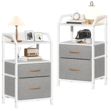 Compact 2-Drawer Fabric Bedside Table With Open Shelf | Metal Frame & Wooden Top, Space-Saving Nightstand For Bedroom/Living Room, Modern Sofa End Table With Storage - Light Grey - View 8