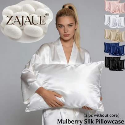 ZAJAUE Bộ 2 vỏ gối lụa 100% cho tóc và da, hai mặt đều làm từ lụa tơ tằm cao cấp 19 momme loại 6A+ với khóa kéo ẩn, mềm mại, mịn màng và thoáng mát, món quà tuyệt vời nhất cho gia đình hoặc bạn bè (không kèm ruột gối).