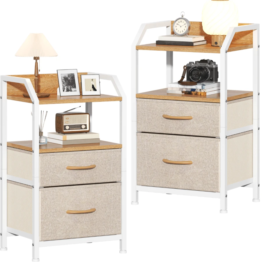Compact 2-Drawer Fabric Bedside Table With Open Shelf | Metal Frame & Wooden Top, Space-Saving Nightstand For Bedroom/Living Room, Modern Sofa End Table With Storage
