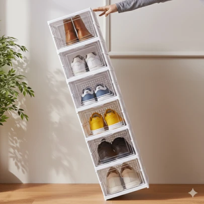 Ripfree One-Touch Foldable Transparent Shoe Cabinet 3-Tier/6-Tier Shoe Box Shoe Organizer Multi-Purpose Storage Box