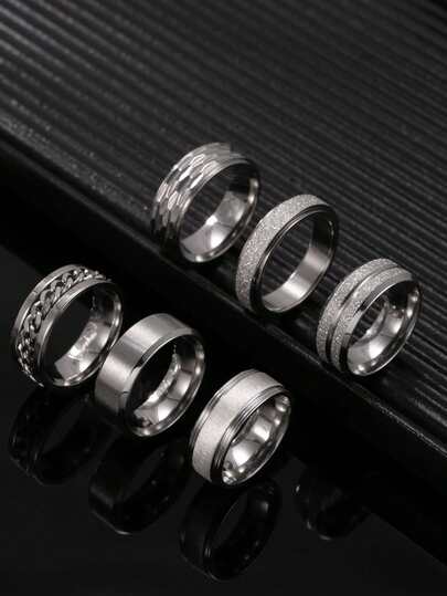 6件套时尚不锈钢男士银戒指套装，包含哑光单链横向缎面抛光元素，适合男士日常佩戴和节日配饰。