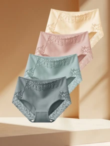 QUASTI 4 Stück Damen Baumwoll-Spitzen-Patchwork Höschen, bequem atmungsaktiv mit mittlerer Taille, weich elastisch, ideale Geschenkwahl - Verschiedenfarbig - Übersicht 6