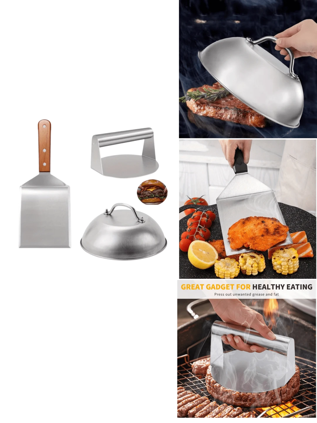 3件套烧烤工具套装，汉堡压模套装（含木柄铲）、奶酪融化盖、不锈钢烧烤工具 - 烤肉工具 - 查看 1