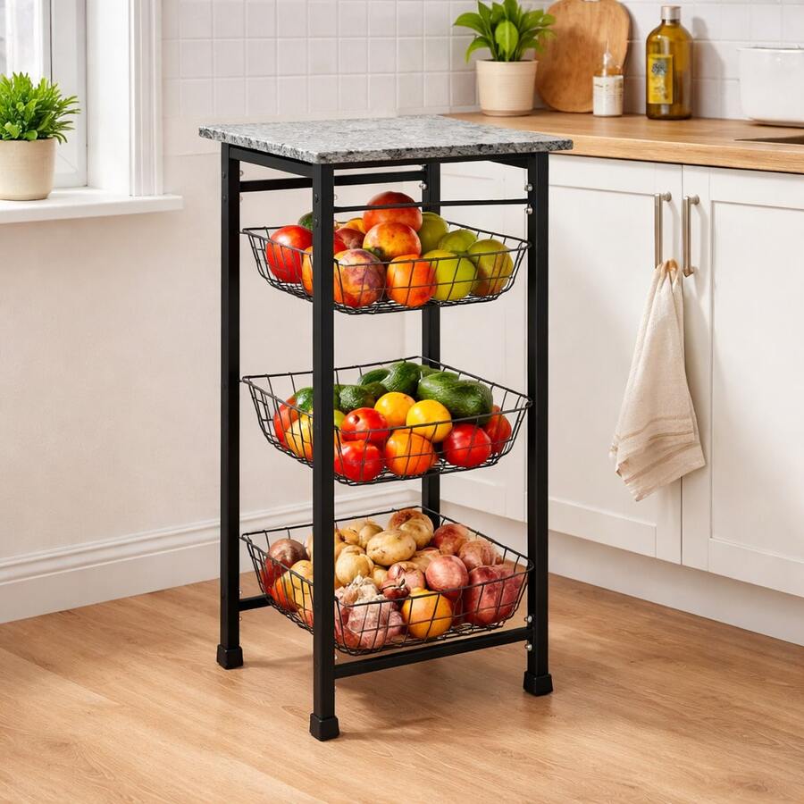 Fruteira Chão Cozinha 3 Cestos Removíveis Preto Tampo Pedra Mármore Granito Klicmix - Preto - Visão 1