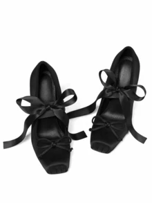 Women's Satin Ballerina Stiletto Heels Closed Square Toe Lace Up High Heel Strappy Mary Janes Elegant Party Shoes With Removable Ribbons - màu đen - Xem 7