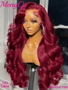 200% 密度蕾丝前假发，人发混纺，自然波浪，透明巴西原生发假发，13x4、5x5、13x6 蕾丝前假发，人发混纺，预先拔毛，带婴儿绒毛，女士款，酒红色，8-34 英寸 - SBUG - 查看 2