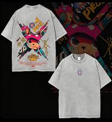 One Piece TonyTony Chopper 3D2Y "Nakama" Partner Quote Graphic Vintage Washed Oversized T-Shirt, Men's Anime Streetwear Short Sleeve Tee, Anime Shirts, Men's Vintage T Shirts,100 Percent Cotton Mens Clothes,Unisex Graphic T Shirt, Y2k Clothes, Anime Shirts, Men's Vintage T Shirts,Unisex Vintage Washed Oversized T-Shirt, Graphic T Shirt, Y2k Clothes - 灰色 - 查看 1