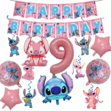 Bộ đồ dùng trang trí tiệc sinh nhật chủ đề Lilo & Stitch, bóng bay hình thiên thần Stitch bằng giấy bạc kèm bóng bay số màu hồng, băng rôn sinh nhật, phù hợp cho trang trí tiệc sinh nhật chủ đề Stitch. - Như hình minh họa. - Xem 15