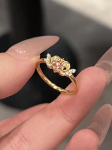 1 chiếc nhẫn hình trái tim có cánh đính đá Zirconia màu hồng dễ thương, kiểu dáng nữ tính. - Vàng - Xem 6