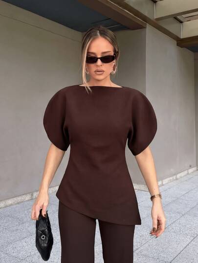 GDDYIN 女士黑色泡泡袖不对称下摆上衣，优雅船领修身衬衫，适合夏季工作和派对穿着