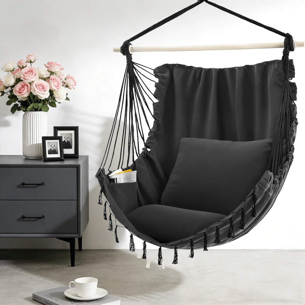 OLIXIS Hammock Chair With 2 Cushions, Hanging Swing Chair With Heavy Duty Metal Bar, Indoor Outdoor Boho Hanging Chair For Bedroom, Patio, Balcony And Backyard - 黑色 - 查看 1