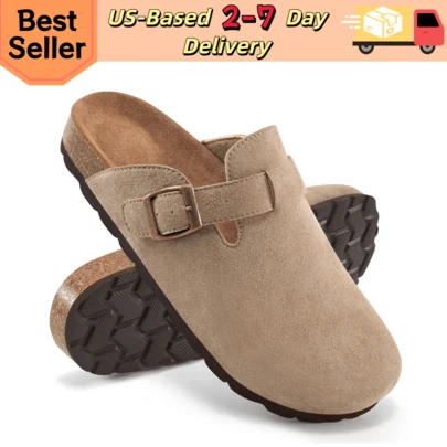 Women Apricot Shoes, Women Clogs, Women Mules, Women's All Season Casual Clogs Sandals, Soft Microfiber Upper Comfort Mules, Lightweight Durable EVA Sole Shoes, Adjustable Metal Buckle Strap Slip On Design, Cork Footbed Deep Heel Cup Support, Shock Absorption Stable Walking Footwear, Versatile Indoor Outdoor Shoes Perfect For Daily Walking, Shopping, Traveling, Dog Walking, Picking Up Packages, Home & All Year Round Casual Occasions
