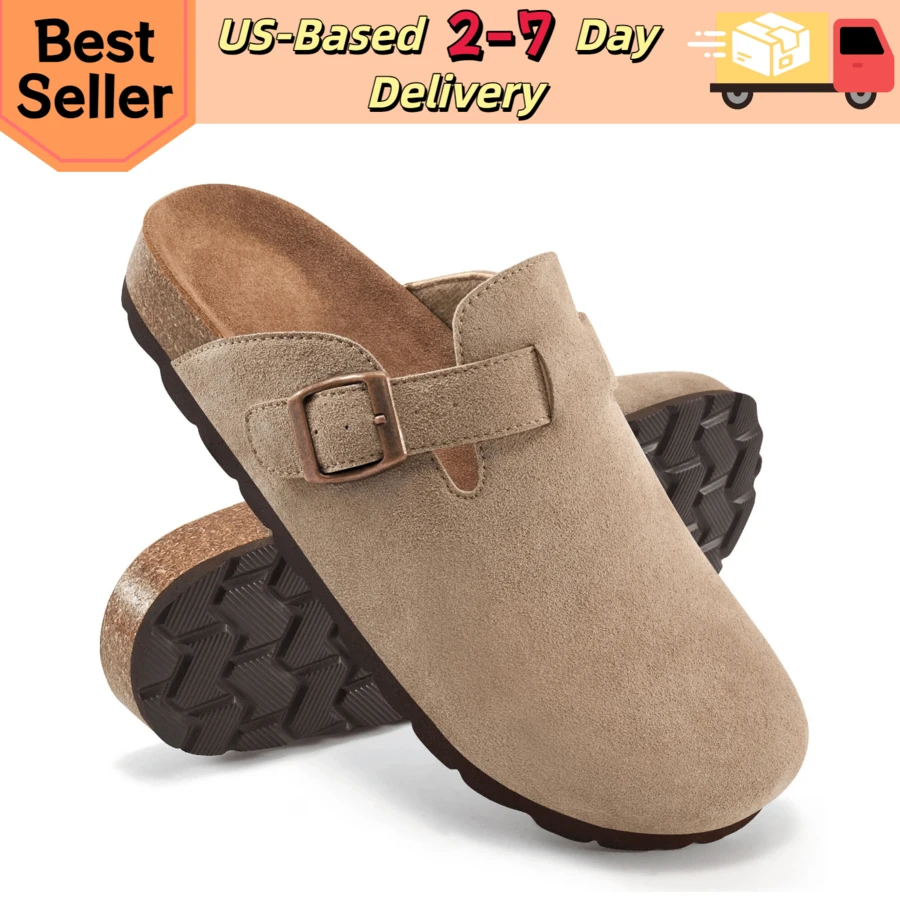 Women Apricot Shoes, Women Clogs, Women Mules, Women's All Season Casual Clogs Sandals, Soft Microfiber Upper Comfort Mules, Lightweight Durable EVA Sole Shoes, Adjustable Metal Buckle Strap Slip On Design, Cork Footbed Deep Heel Cup Support, Shock Absorption Stable Walking Footwear, Versatile Indoor Outdoor Shoes Perfect For Daily Walking, Shopping, Traveling, Dog Walking, Picking Up Packages, Home & All Year Round Casual Occasions - Màu be - Xem 1