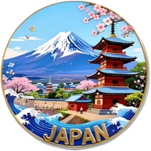 珐琅日本塔樱花冰箱贴：金属奖章风格，蓝白渐变，红色塔身，粉色樱花，浮世绘波浪纹，金色“Japan”字样——日本自然与文化的微缩收藏 - A - 查看 7