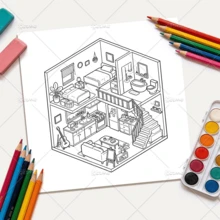 GDTME Livre de coloriage Nook : 24 adorables mini-conceptions d'appartements isométriques, 8x8 pouces, scènes de petits foyers et de cuisines confortables, pages de coloriage relaxantes et mignonnes pour la décoration de la maison, soulagement du stress pour adultes et passe-temps créatif, cadeau parfait pour la famille, les enfants et les meilleurs amis, avec un papier opaque et épais - JX-492 - Voir 4
