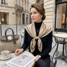 Women's Large Square Satin Scarf 90x90 Chic Polyester Printed - Khaki Ball - View 5