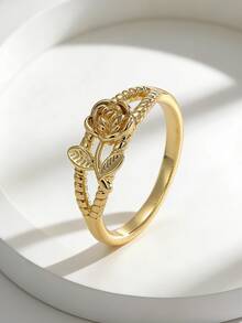 Charm-In Anillo con forma de rosa chapado en oro de 18K | Anillo de banda retorcida delicado para mujeres | Perfecto para el Día de San Valentín y uso diario - Dorado - Ver 1
