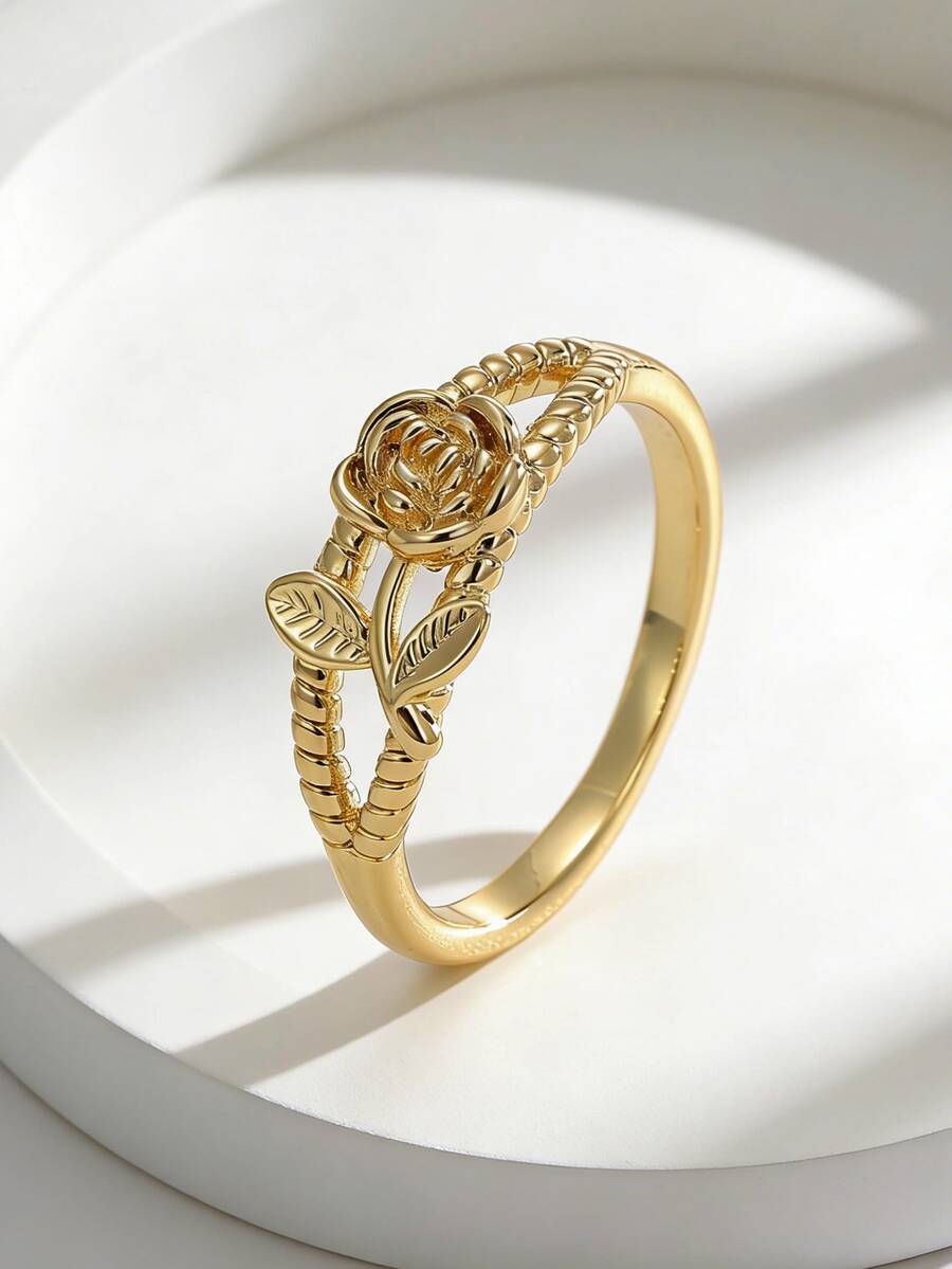 Charm-In Anillo con forma de rosa chapado en oro de 18K | Anillo de banda retorcida delicado para mujeres | Perfecto para el Día de San Valentín y uso diario - Dorado - Ver 1