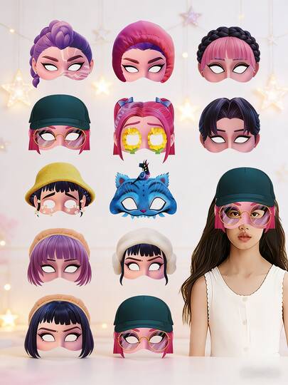 Hasbro 12个/套 韩国女团女巫主题卡通面具，可爱儿童面具，适合生日派对、万圣节、节日、主题派对、礼物和角色扮演