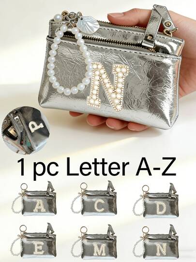 1pc Silver Portable Short Zipper Card Holder Coin Purse, Pearl Letter A-Z Personalized Cute Accessory Hanging Bag, Y2K Fashion Mini Clutch Bag, Glittering Pearl Keychain, Faux Leather Small Change Wallet, Credit Card Holder, Cosmetic Bag, Car Key Pouch, Leather Gift Bag For Wife And Daughter
