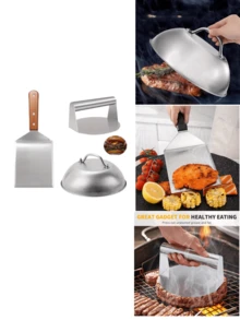 3件套烧烤工具套装，汉堡压模套装（含木柄铲）、奶酪融化盖、不锈钢烧烤工具 - 烤肉工具 - 查看 12