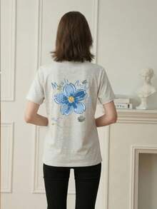 Japanese Style Loose Street Fashion Rabbit Graphic Print Short Sleeve T-Shirt, Summer Casual Vacation - Light Grey - View 3