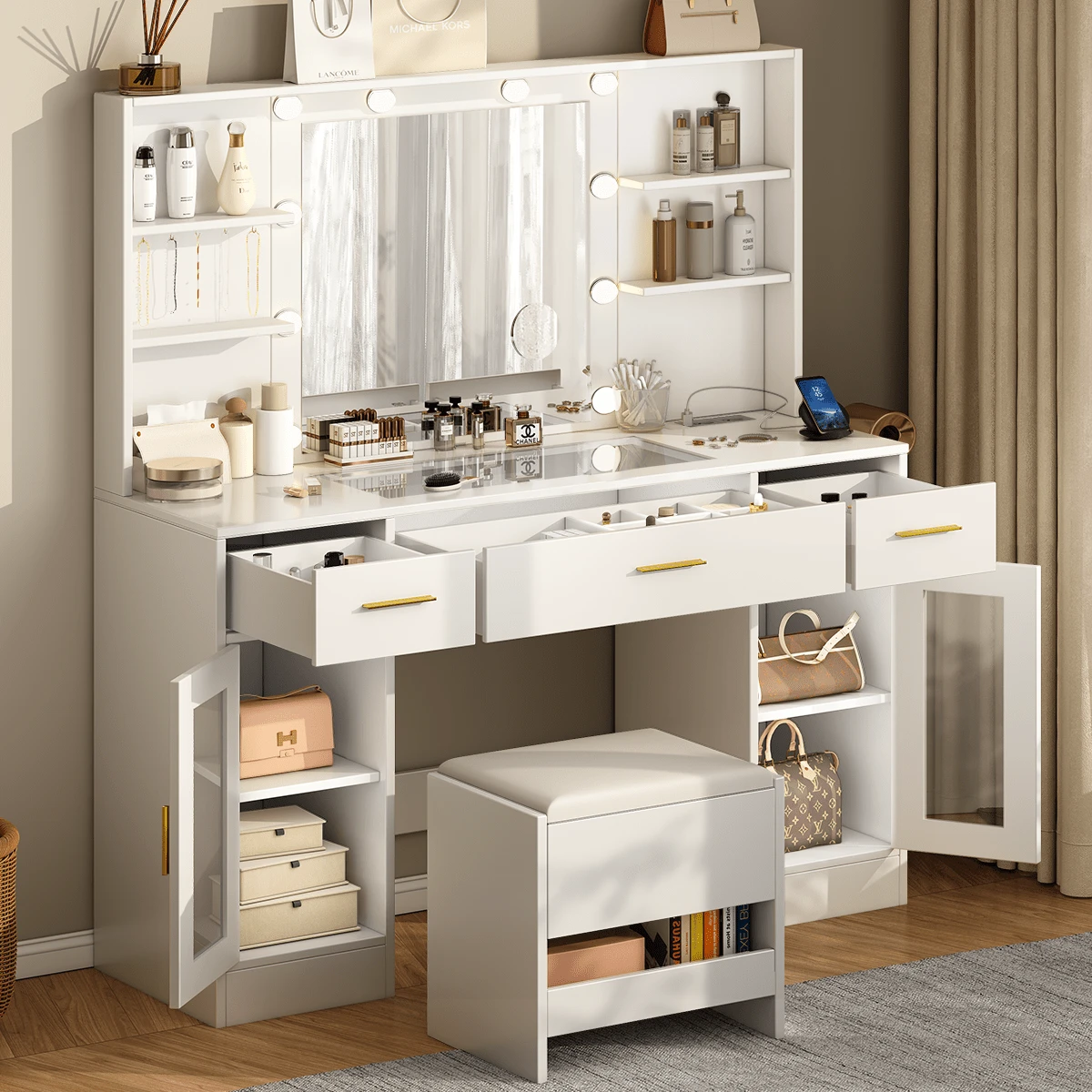 Dressing Table With LED Mirror And Storage Stool, 113x40x140 Cm - 10 Bulbs, 3 Adjustable Colors, 3 Drawers, 6 Shelves, 5 Hooks, 10x Magnification - EU E Type Plug(220-240V) - View 1