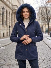 Parka Jacket Lined With Plush, Removable Hood, Pocket, And Adjustable Drawstrings. - 藏蓝色 - 查看 2