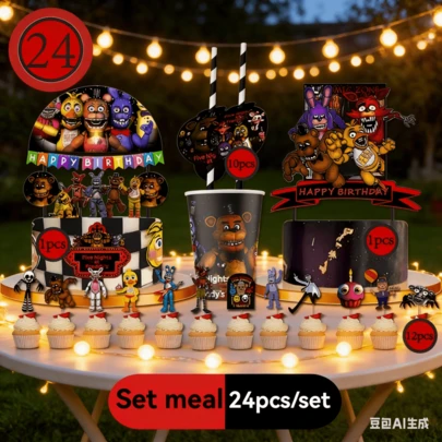 Five Nights at Freddy's Suministros para fiesta de 24 piezas/set de FNAF, banderas para pastel, decoraciones para pastel, pajitas, oso de terror, tema, decoraciones para fiestas, suministros para fiestas de vacaciones, suministros para fiestas de cumpleaños, adecuado para Halloween, Pascua, Navidad