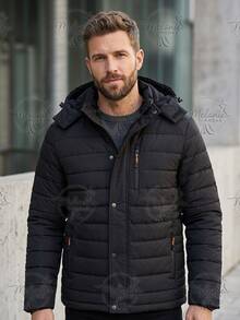 Men's Lined Thermal Jacket/Bobby Jacket, Nylon, With Removable Hood - Black - View 5