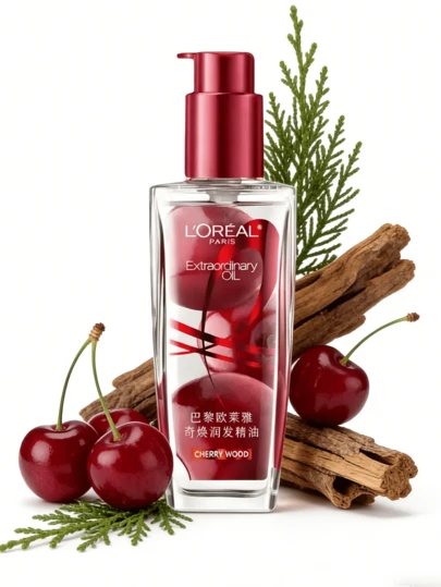 L’Oreal Paris 100毫升欧莱雅樱桃香氛滋养护发油，修护干枯毛躁发质，令秀发柔顺亮泽，散发迷人香气。