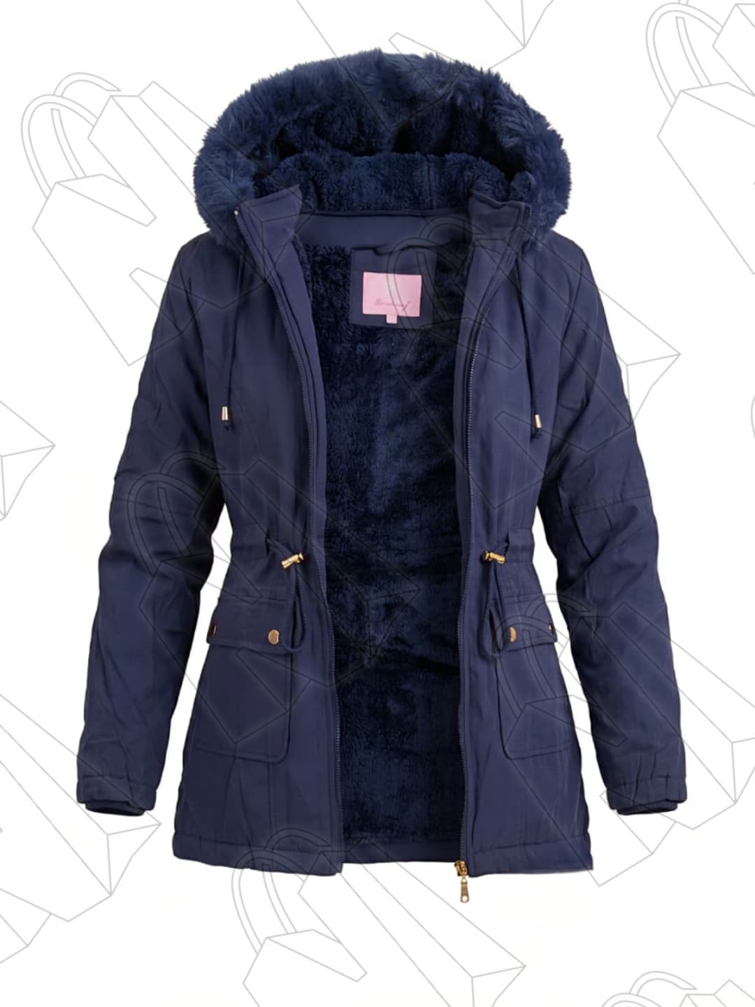 Parka Jacket Lined With Plush, Removable Hood, Pocket, And Adjustable Drawstrings. - 藏蓝色 - 查看 1