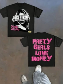 A 220-Gram Pure Cotton T-Shirt. On The Back, There Is "PRETTY GIRLS LOVE MONEY" In Pink, Distressed-Style Font. On The Front, There Is An Image Of A Woman Covering Her Eyes With A Dollar Bill. The Style Is Bold And Full Of Streetwear Vibes, Suitable For Daily Summer Wear. - 黑色 - 查看 1
