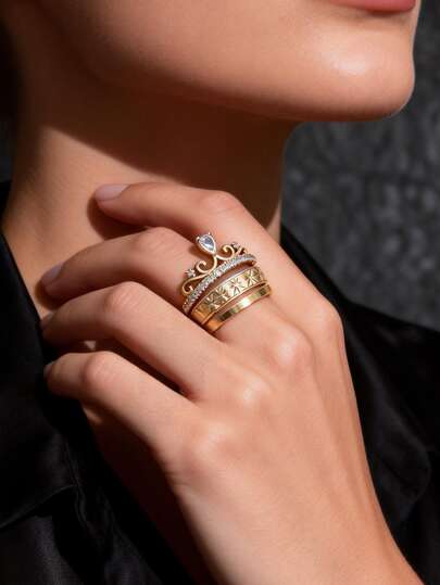 Bộ 3 chiếc nhẫn hình vương miện mạ vàng sang trọng, đính đá Cubic Zirconia, thích hợp cho nữ đeo hàng ngày, hẹn hò, công sở, dự tiệc.