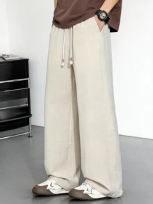 男士杏色亚麻质感抽绳直筒裤，柔软透气面料，适合休闲、度假、夏季及日常通勤，复古绅士风格 - 杏色 - 查看 10